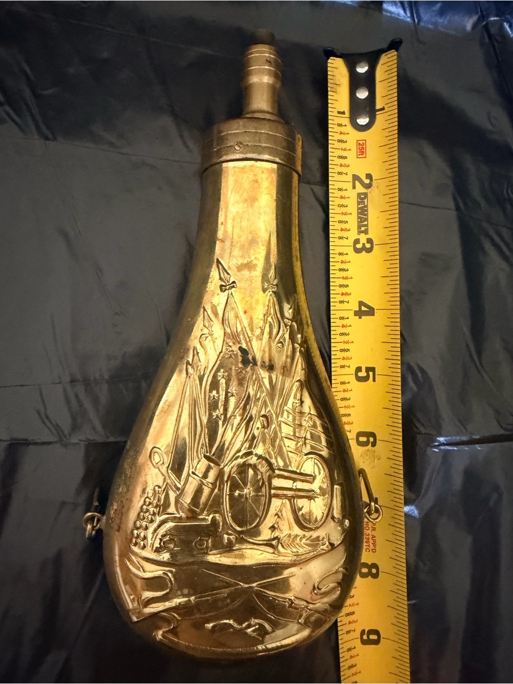 Vintage Embossed Brass Powder Flask - Brass Finish